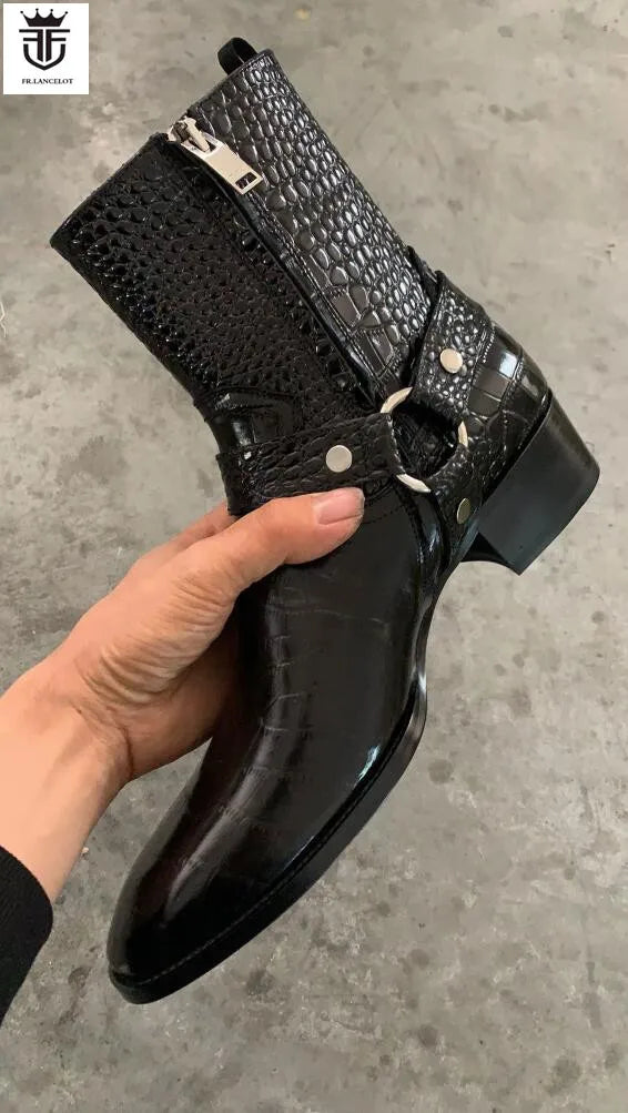 FR.LANCELOT 2021 men shinny leather boots men snakeskin print leather boots buckle ankle booties party shoes med heel men boots