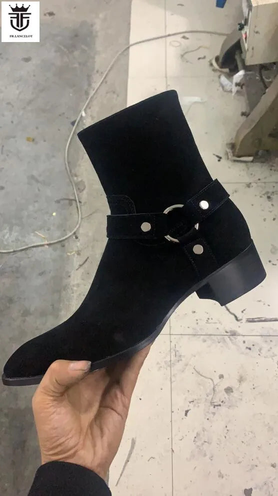 FR.LANCELOT 2021 men shinny leather boots men snakeskin print leather boots buckle ankle booties party shoes med heel men boots