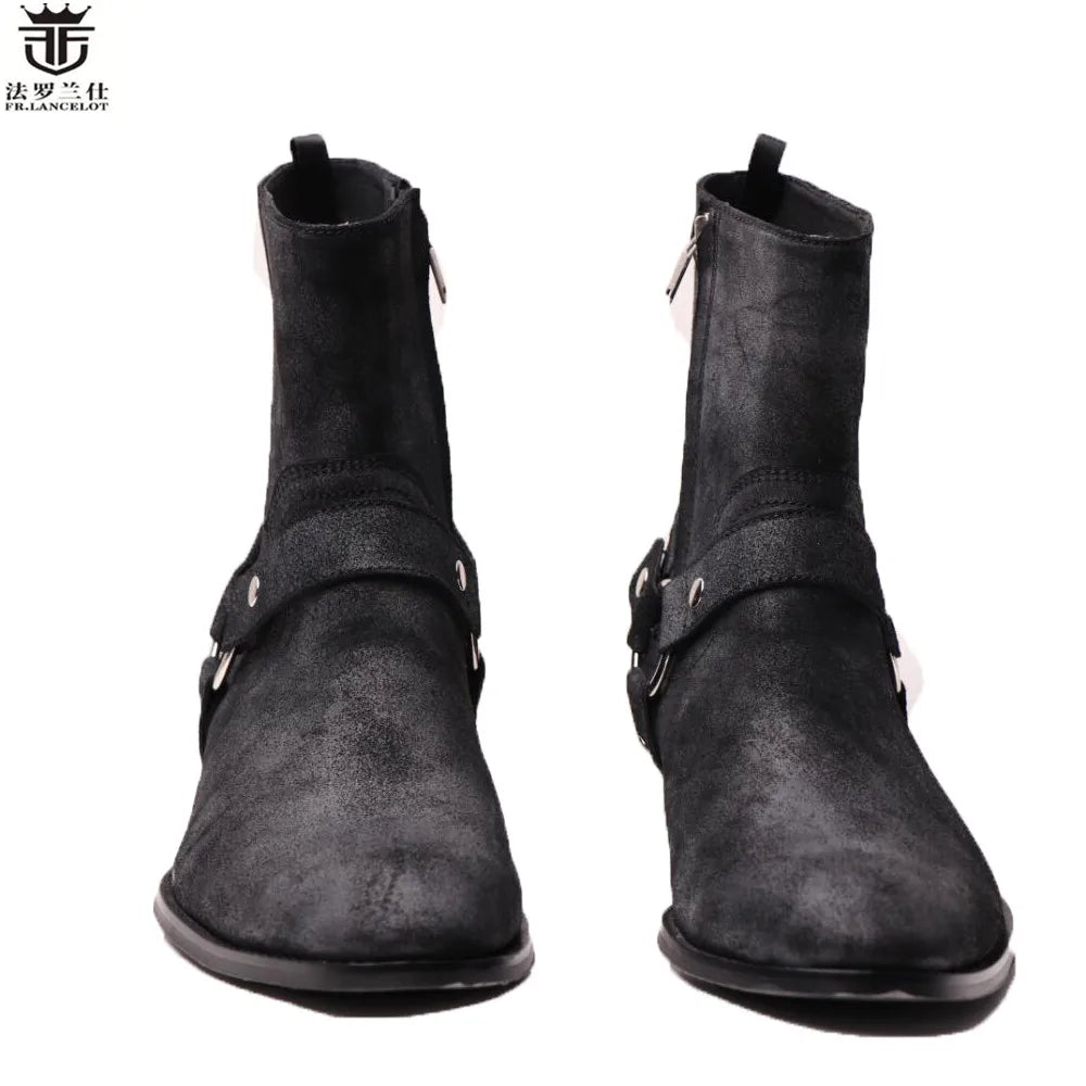 FR.LANCELOT 2020 old style men boots black suede leather boots metal rings real Leather ankle booties high top zip men boots