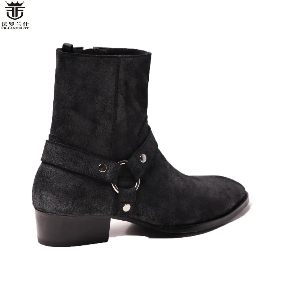 FR.LANCELOT 2020 old style men boots black suede leather boots metal rings real Leather ankle booties high top zip men boots
