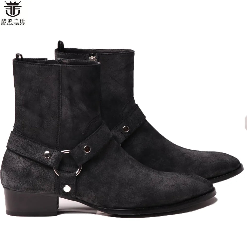 FR.LANCELOT 2020 old style men boots black suede leather boots metal rings real Leather ankle booties high top zip men boots
