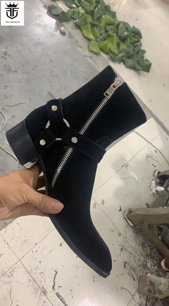 FR.LANCELOT 2021 men shinny leather boots men snakeskin print leather boots buckle ankle booties party shoes med heel men boots