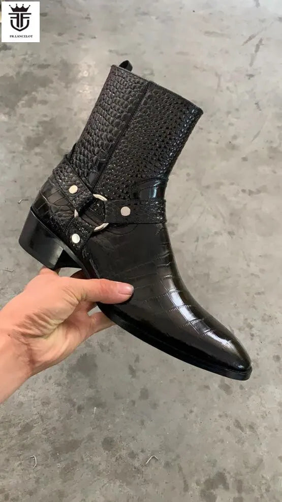 FR.LANCELOT 2021 men shinny leather boots men snakeskin print leather boots buckle ankle booties party shoes med heel men boots