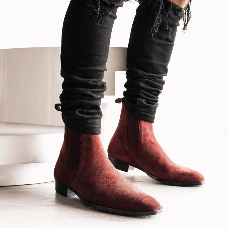 New In Wine Red Men Chelsea Boots Flock Round Toe Business Boots for Men with Low Heels Men Boots Bottes Pour Hommes Slip on