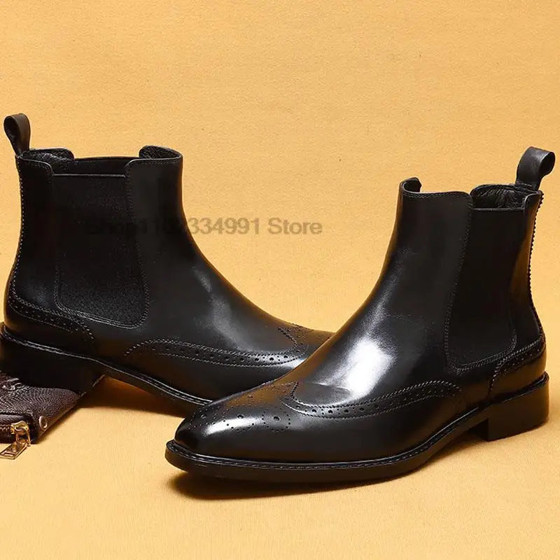 Genuine Leather Men's Ankle Boots Classic Italian High Top Dress Shoe Slip On Formal Shoes For Men Black Chelsea Leather Boot