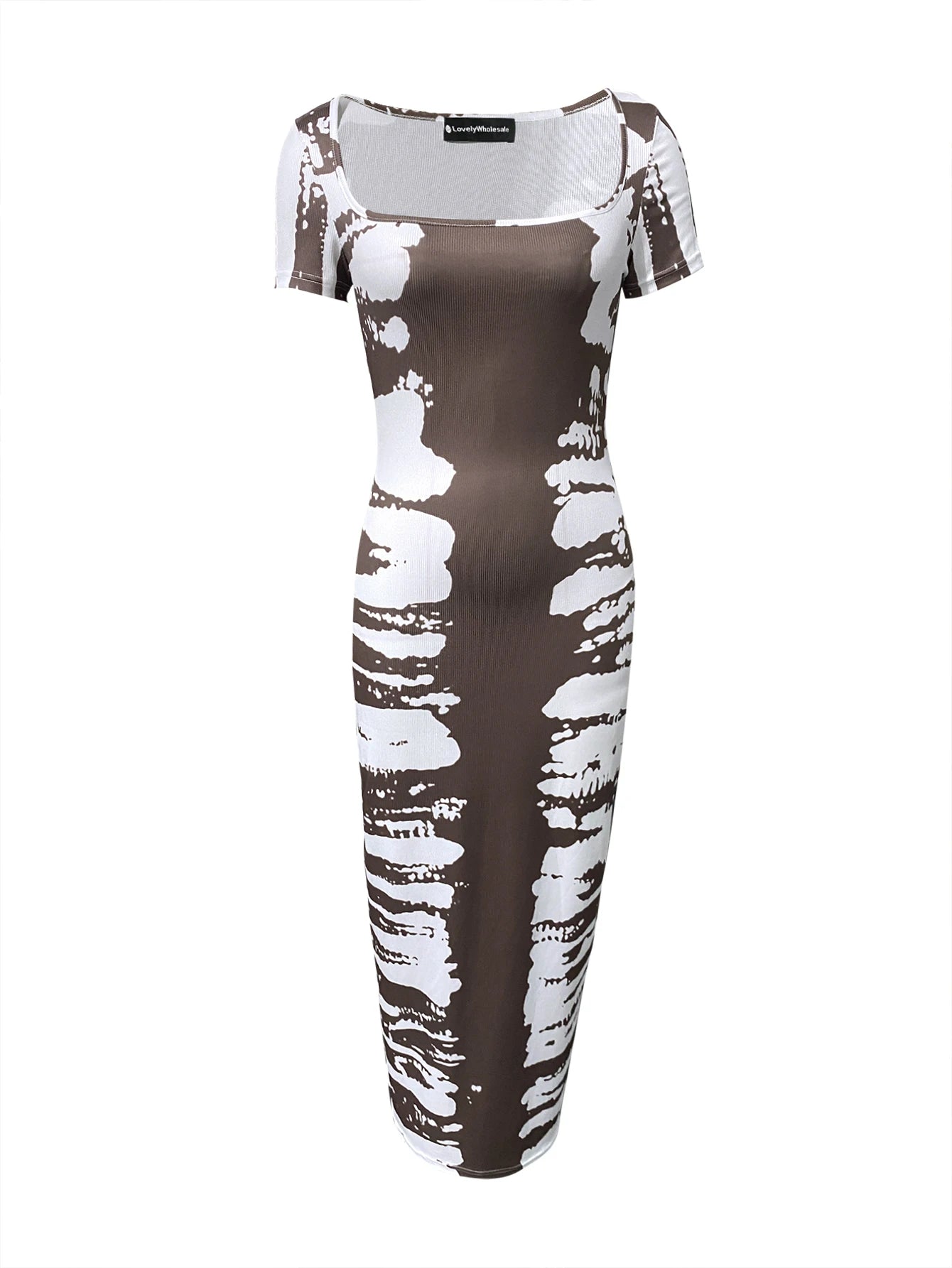 LW BASICS Square Neck Tie Dye Bodycon Dress Women Spring Summer Casual Color Contrast Short Sleeve Ankle Length Maxi Dresses