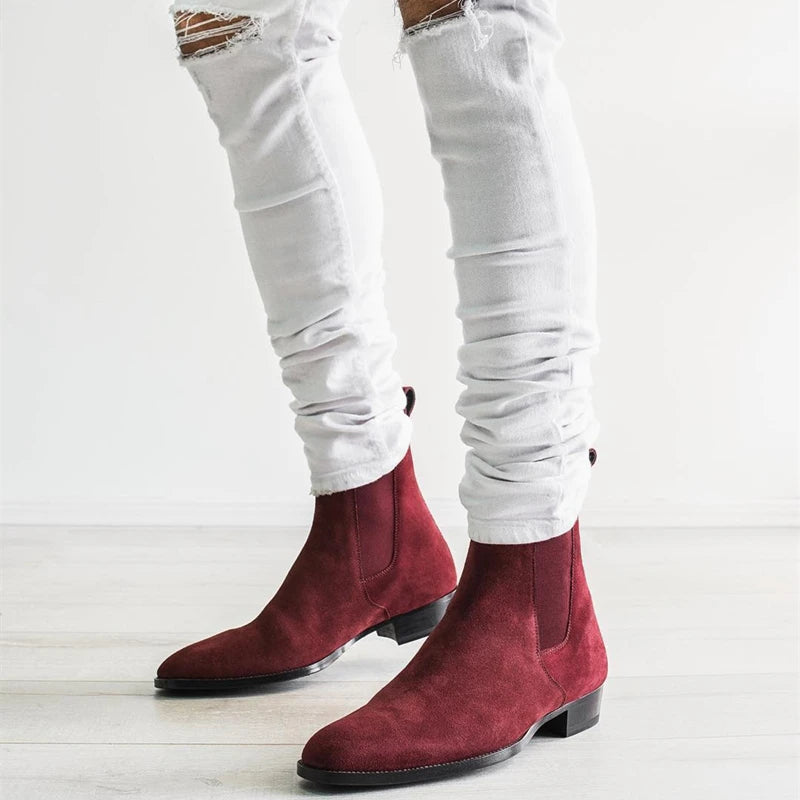 New In Wine Red Men Chelsea Boots Flock Round Toe Business Boots for Men with Low Heels Men Boots Bottes Pour Hommes Slip on