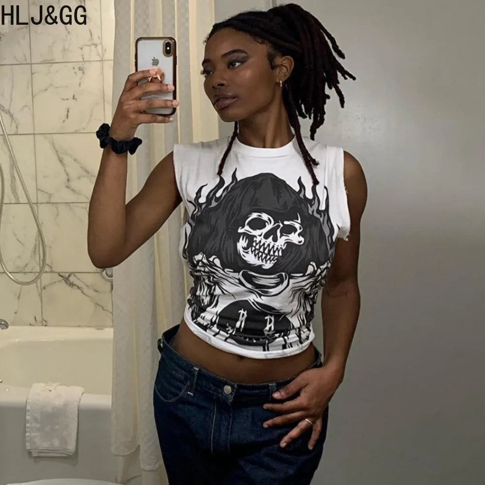 HLJ&GG Fashion Y2K Trend Streetwear Women Pattern Print Round Neck Sleeveless Slim Tops Summer New Female Matching Tshirts 2024