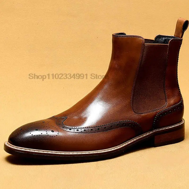 Genuine Leather Men's Ankle Boots Classic Italian High Top Dress Shoe Slip On Formal Shoes For Men Black Chelsea Leather Boot
