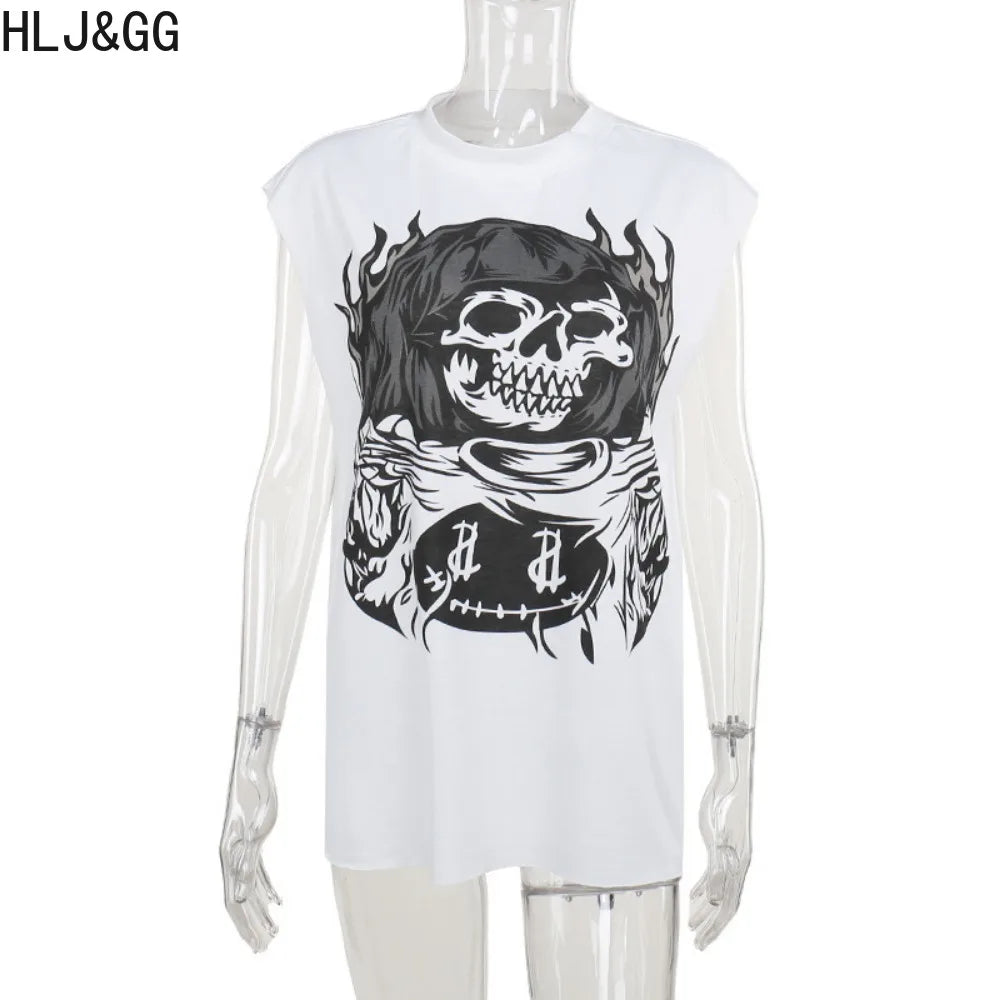 HLJ&GG Fashion Y2K Trend Streetwear Women Pattern Print Round Neck Sleeveless Slim Tops Summer New Female Matching Tshirts 2024
