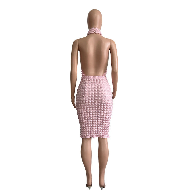 Popcorn Halter Women Backless Bodycon Midi Dress 2023 Summer Solid Sexy Sleeveless Casual Party Dresses Slim Stacked Vestidos