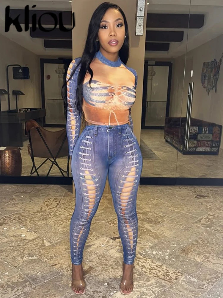 kliou Fake Denim Print 2 Piece Set Women Unique Design Long Sleeve O-neck Tops+High Waist Skinny Pants Female Coordinate Outfits