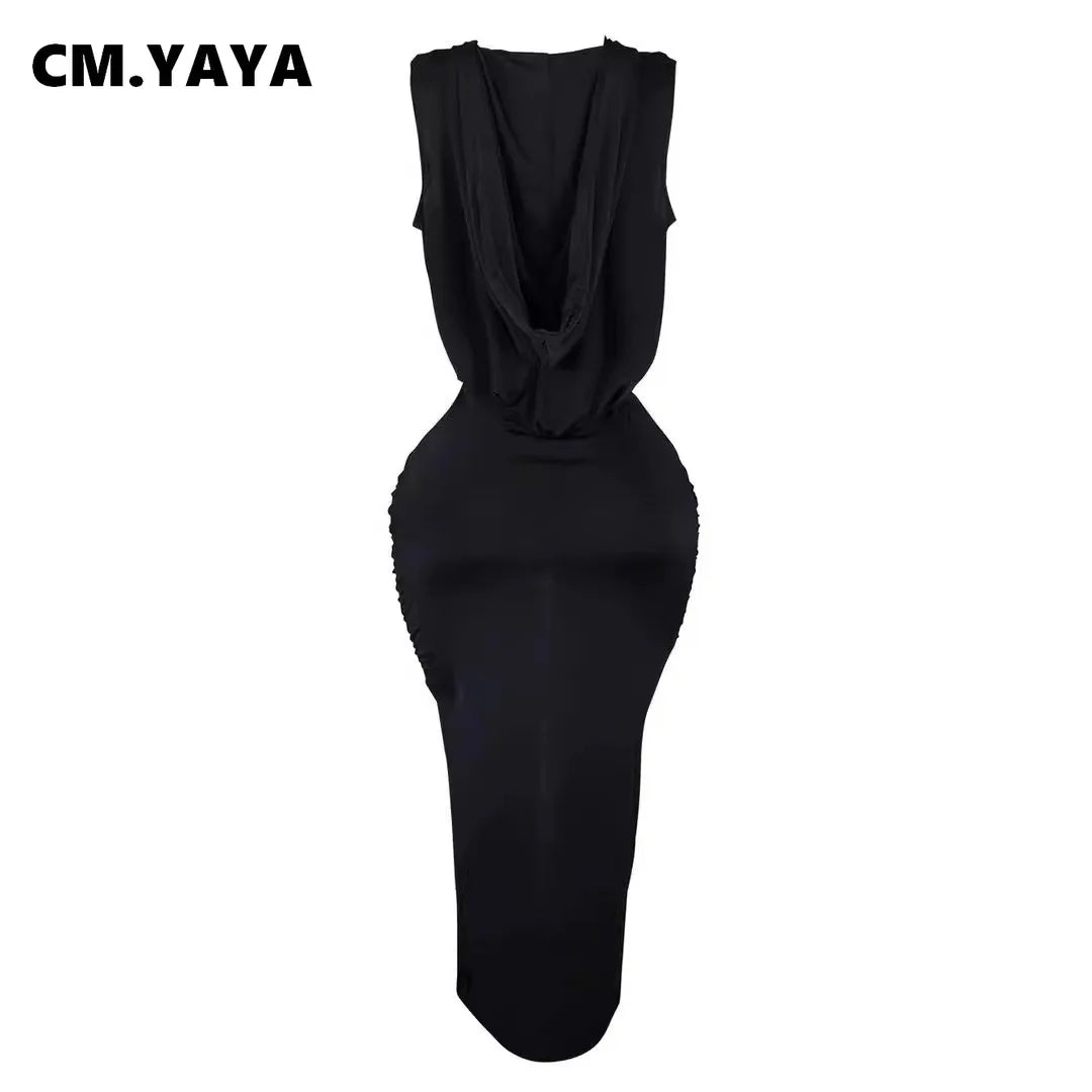 CM.YAYA Women Deep V-neck Sleeveless Ruched Mesh See Through Split Long Maxi Dress 2024 hooded Street Party Vestido Sexy Dresses