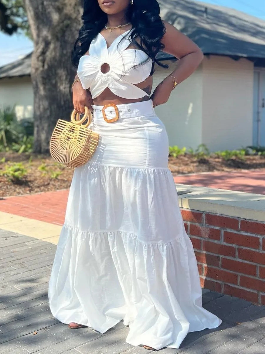 LW Floral Decor Backless Ruffle Design A Line Skirt Set Women Spaghetti Strap Belt Sleeveless V Neck Floor Length Skirt Suit