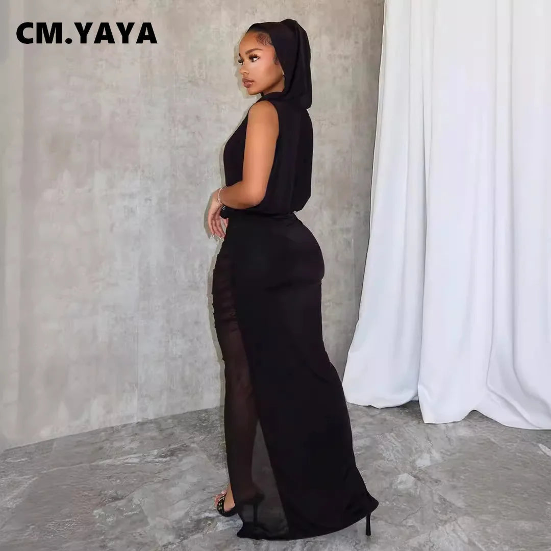 CM.YAYA Women Deep V-neck Sleeveless Ruched Mesh See Through Split Long Maxi Dress 2024 hooded Street Party Vestido Sexy Dresses