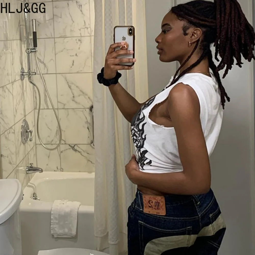 HLJ&GG Fashion Y2K Trend Streetwear Women Pattern Print Round Neck Sleeveless Slim Tops Summer New Female Matching Tshirts 2024