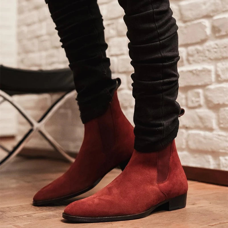 New In Wine Red Men Chelsea Boots Flock Round Toe Business Boots for Men with Low Heels Men Boots Bottes Pour Hommes Slip on