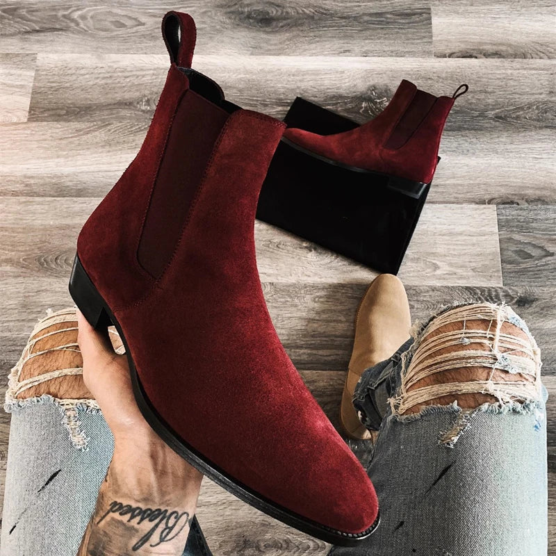 New In Wine Red Men Chelsea Boots Flock Round Toe Business Boots for Men with Low Heels Men Boots Bottes Pour Hommes Slip on