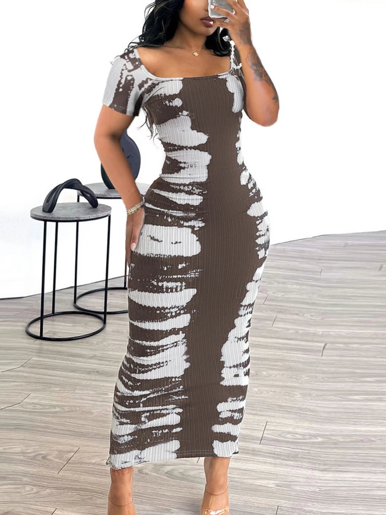 LW BASICS Square Neck Tie Dye Bodycon Dress Women Spring Summer Casual Color Contrast Short Sleeve Ankle Length Maxi Dresses
