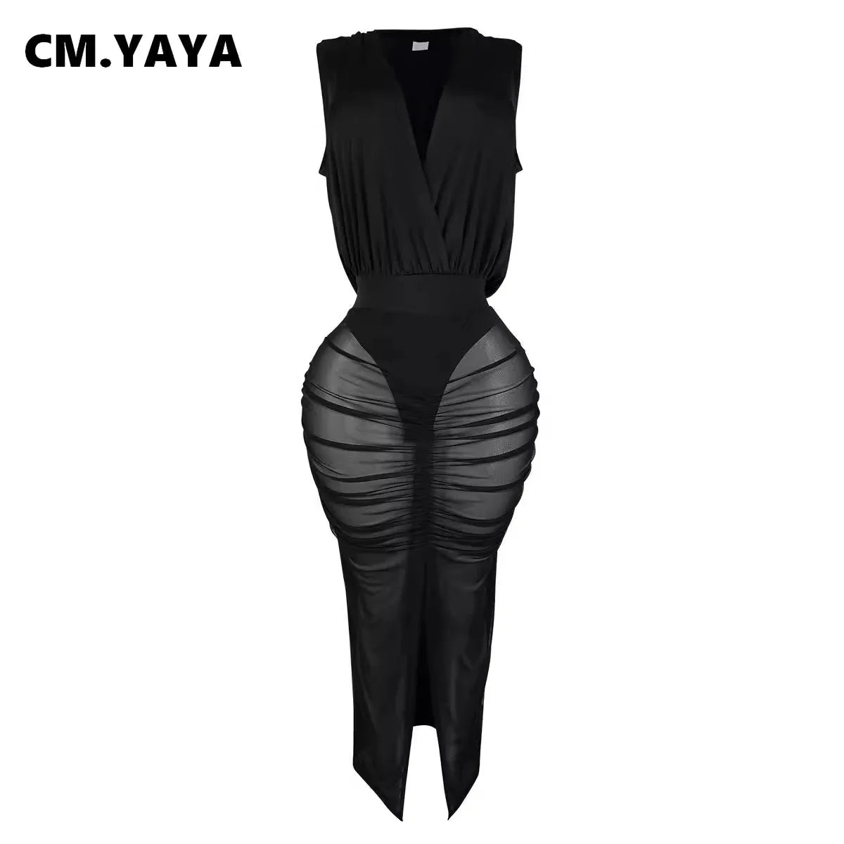 CM.YAYA Women Deep V-neck Sleeveless Ruched Mesh See Through Split Long Maxi Dress 2024 hooded Street Party Vestido Sexy Dresses