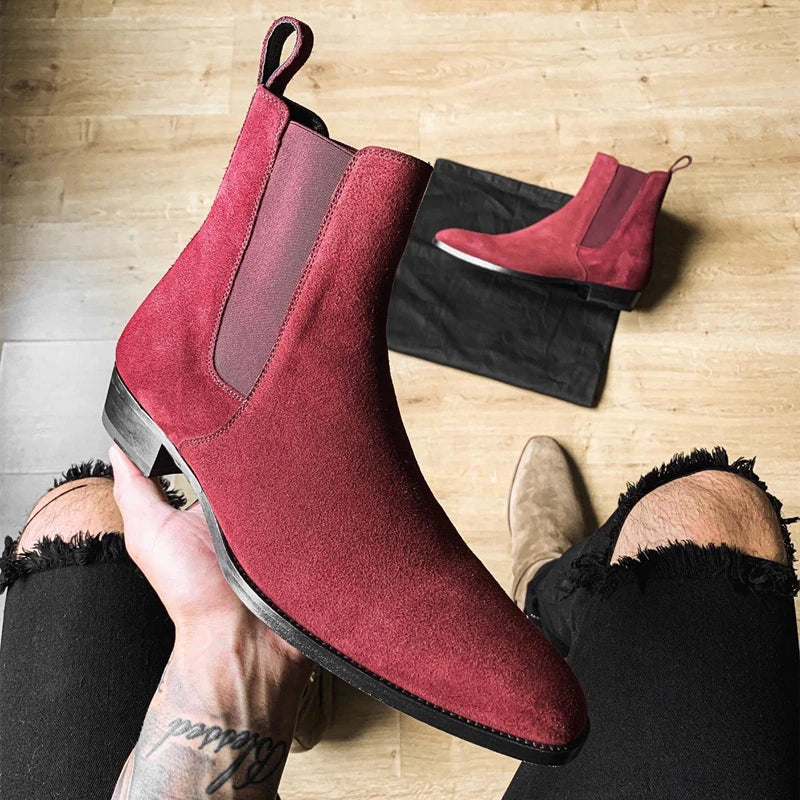 New In Wine Red Men Chelsea Boots Flock Round Toe Business Boots for Men with Low Heels Men Boots Bottes Pour Hommes Slip on