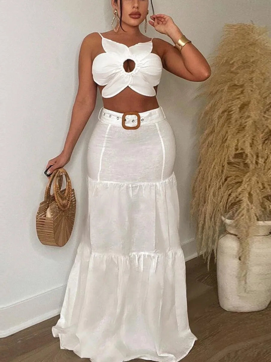 LW Floral Decor Backless Ruffle Design A Line Skirt Set Women Spaghetti Strap Belt Sleeveless V Neck Floor Length Skirt Suit