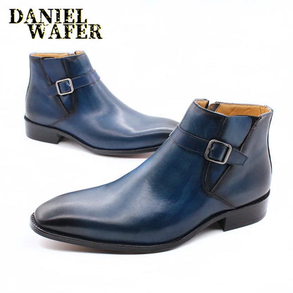 Luxury Men's Ankle Boots Genuine Leather Shoes Black Blue Buckle Strap Zipper Dress Formal Shoes Wedding Office Basic Boots Men