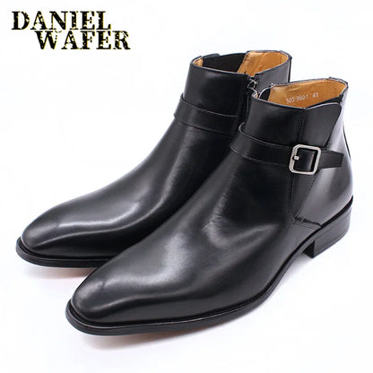 Luxury Men's Ankle Boots Genuine Leather Shoes Black Blue Buckle Strap Zipper Dress Formal Shoes Wedding Office Basic Boots Men