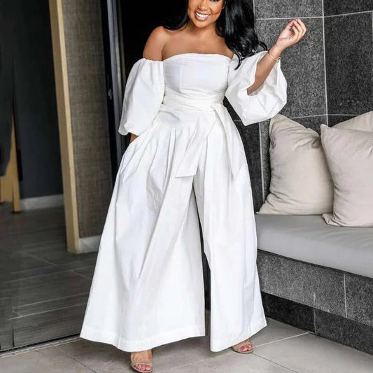 Elegant Off Shoulder Wide Leg Jumpsuit for Women Loose Palazzo Pants Puff Sleeve Birthday Night Party Rompers Womens Jumpsuits