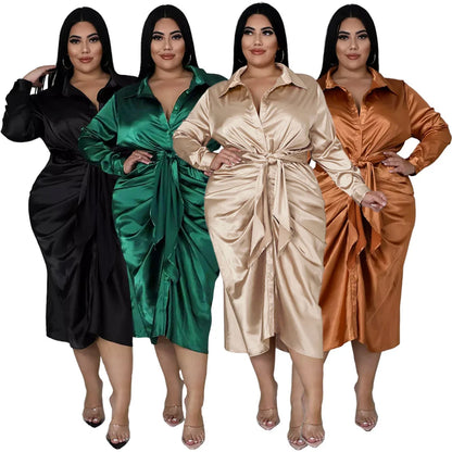 Women's Plus Size Dresses Women Solid Long Sleeve Bandage Draped Pleaped Sleeve Button Dress Office Lady  Wholesale Dropshipping