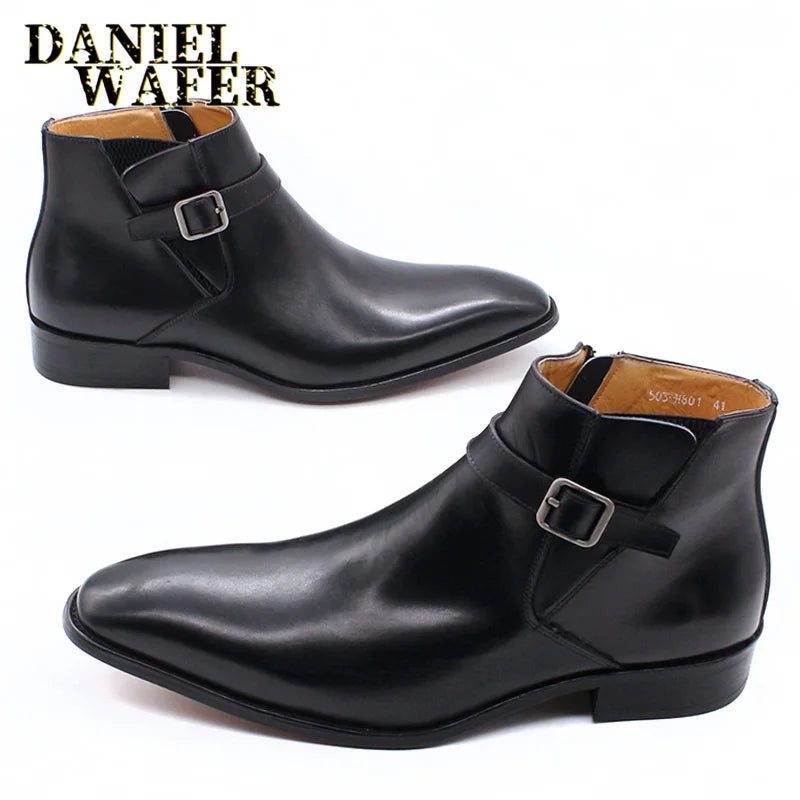 Luxury Men's Ankle Boots Genuine Leather Shoes Black Blue Buckle Strap Zipper Dress Formal Shoes Wedding Office Basic Boots Men