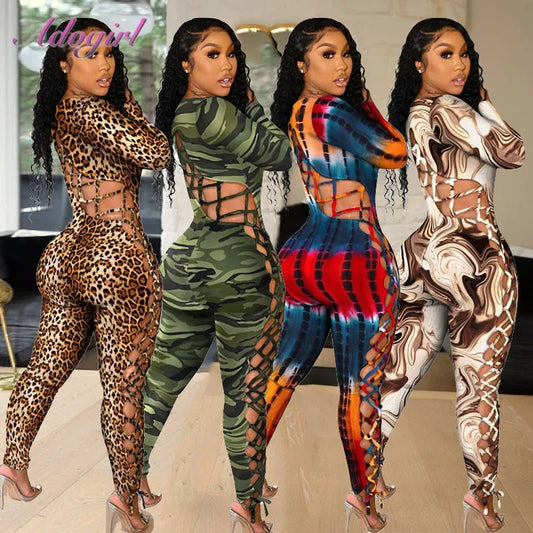 Women Leopard Camo Print Lace Up Long Sleeve Bandage Jumpsuit Sexy Hollow Out See Through Party Clubwear Outfit Rompers Overalls