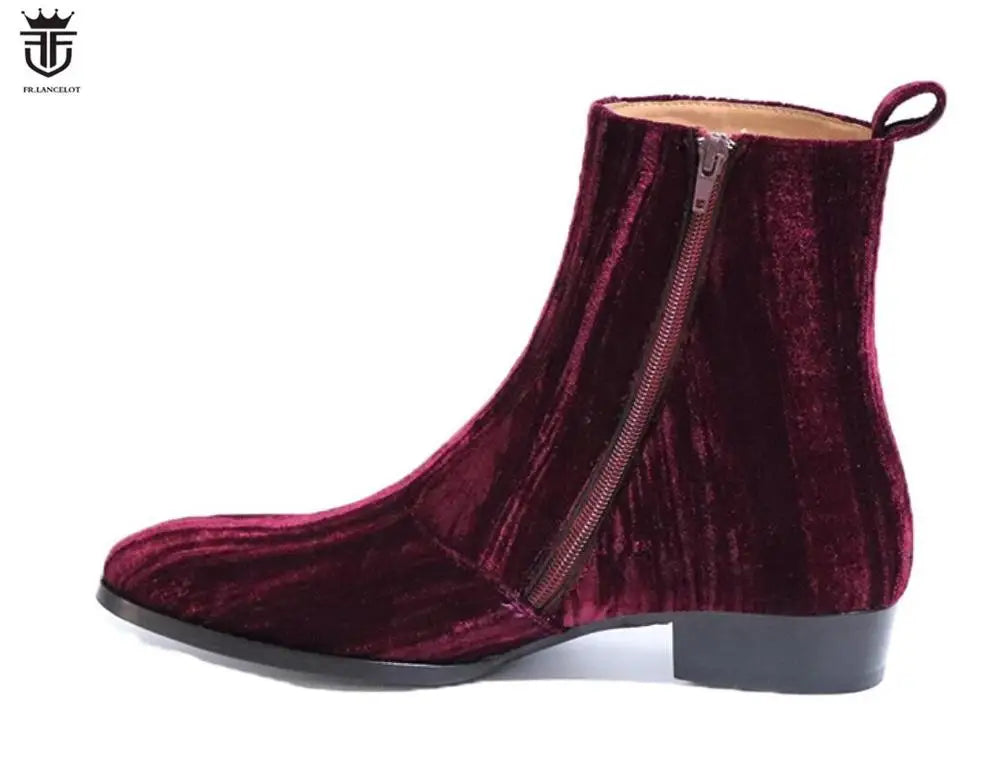 2020 new fashion men booties wine red Chelsea Boots zip up Boots point toe Men's party shoes heel 5cm velvet botas