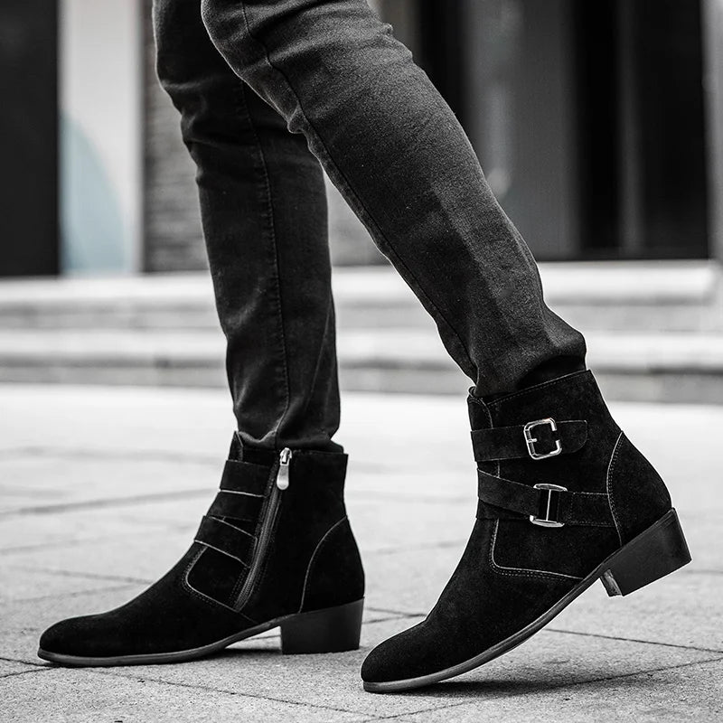 Designer New Men's Pointed Suede Zipper Buckle Shoes Botas Frosted Trend Casual Luxury Fashion High-Top Chelsea Ankle Boots