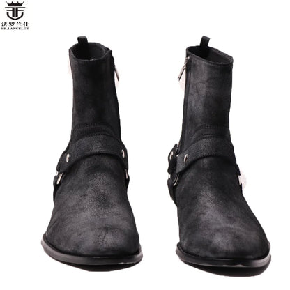 FR.LANCELOT 2020 old style men boots black suede leather boots metal rings real Leather ankle booties high top zip men boots