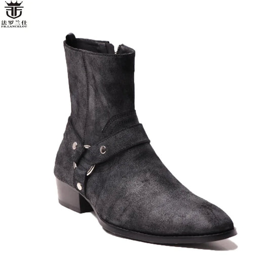 FR.LANCELOT 2020 old style men boots black suede leather boots metal rings real Leather ankle booties high top zip men boots