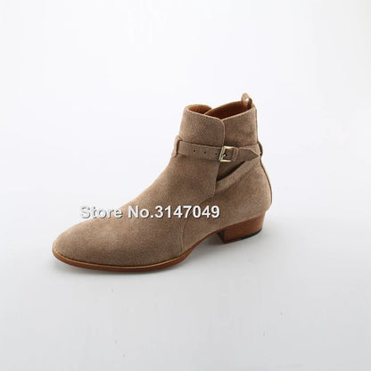 Fashion Handmade Boots Men Vintage Luxury Genuine Leather Suede Boots Wyatt Classic Harness Ankle Buckle Strap Chelsea Men Boots