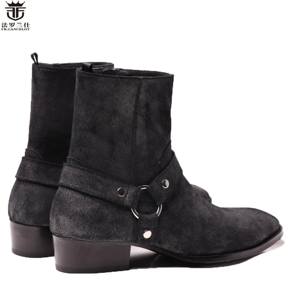 FR.LANCELOT 2020 old style men boots black suede leather boots metal rings real Leather ankle booties high top zip men boots