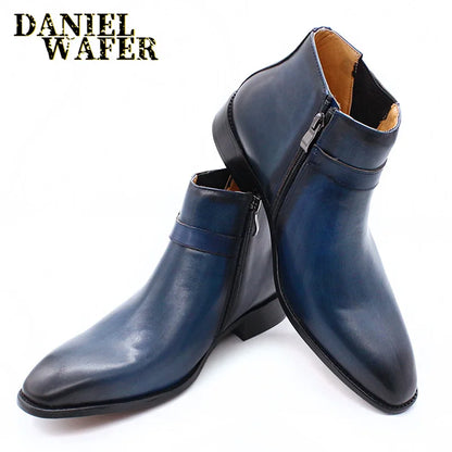 Luxury Men's Ankle Boots Genuine Leather Shoes Black Blue Buckle Strap Zipper Dress Formal Shoes Wedding Office Basic Boots Men