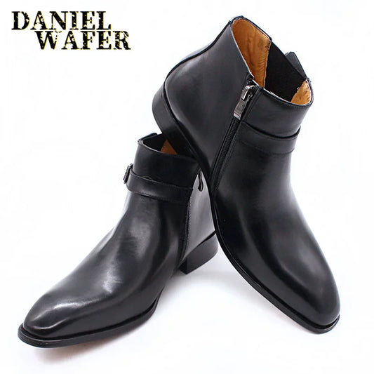 Luxury Men's Ankle Boots Genuine Leather Shoes Black Blue Buckle Strap Zipper Dress Formal Shoes Wedding Office Basic Boots Men