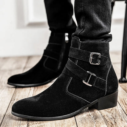 Designer New Men's Pointed Suede Zipper Buckle Shoes Botas Frosted Trend Casual Luxury Fashion High-Top Chelsea Ankle Boots