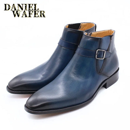 Luxury Men's Ankle Boots Genuine Leather Shoes Black Blue Buckle Strap Zipper Dress Formal Shoes Wedding Office Basic Boots Men