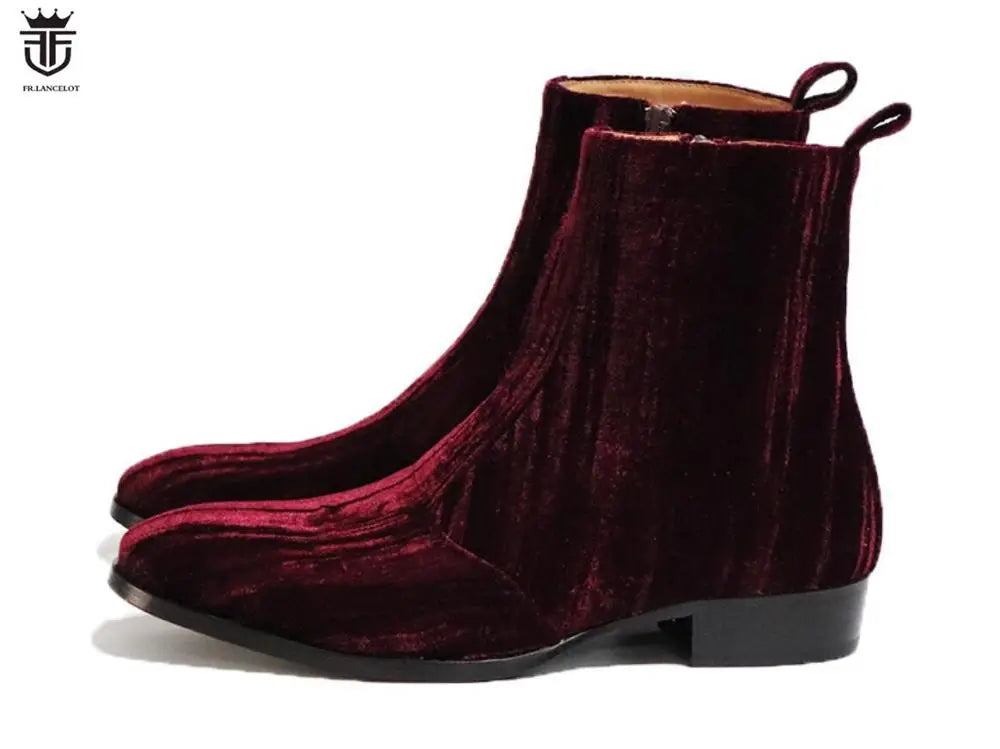 2020 new fashion men booties wine red Chelsea Boots zip up Boots point toe Men's party shoes heel 5cm velvet botas