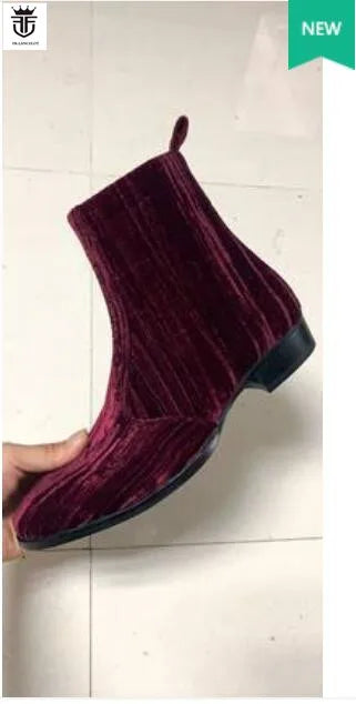 2020 new fashion men booties wine red Chelsea Boots zip up Boots point toe Men's party shoes heel 5cm velvet botas