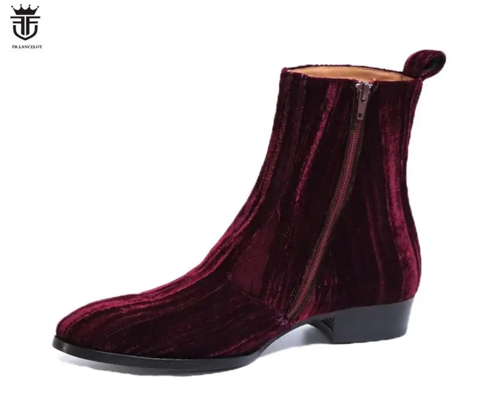 2020 new fashion men booties wine red Chelsea Boots zip up Boots point toe Men's party shoes heel 5cm velvet botas