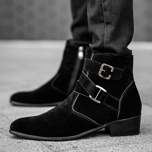 Designer New Men's Pointed Suede Zipper Buckle Shoes Botas Frosted Trend Casual Luxury Fashion High-Top Chelsea Ankle Boots