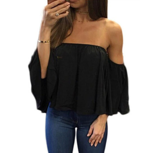 Chiffon Sexy Blouse Women Off Shoulder Blouse Top  Slash Neck Solid Top Casual Loose Beachwear Ladies Tops Women Clothing