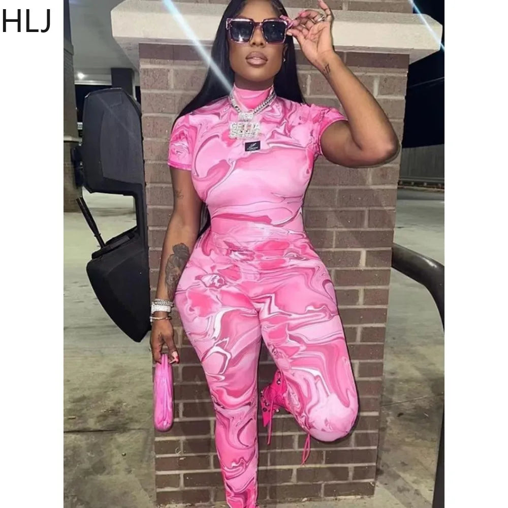 HLJ Pink Fashion Y2K Printing Backless Bodycon Jumpsuits Women Round Neck Short Sleeve Slim Playsuits Female Zipper Streetwear