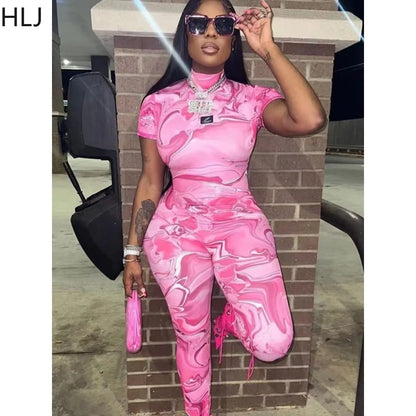 HLJ Pink Fashion Y2K Printing Backless Bodycon Jumpsuits Women Round Neck Short Sleeve Slim Playsuits Female Zipper Streetwear