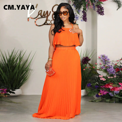 CM.YAYA Fashion Pleated Women Set Strap Blouse Crop Top and Pleated Maxi Long Skirt 2023 Chic Party Club Two 2 Piece Set Outfits